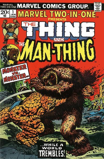 10/9/73: Happy 50th birthday to both MAN-THING #1 and MARVEL TWO-IN-ONE #1, both coming from the unquiet mind of Steve Gerber. Together they are excellent evidence Gerber could tell virtually any story he wanted, drop the swamp creature into it, and create something fascinating.