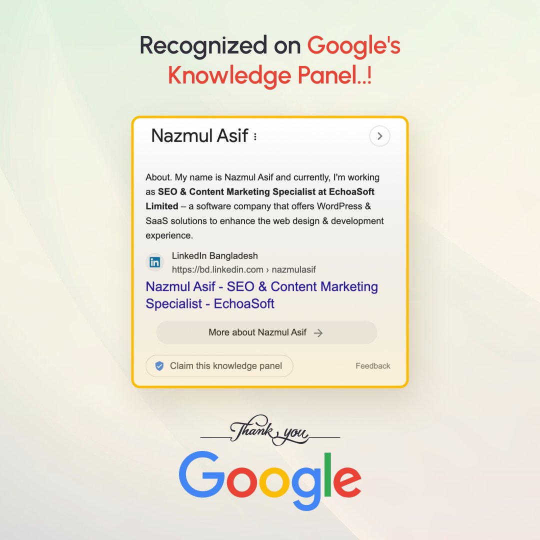 NazmulAsifSEO's tweet image. 🎉 Exciting News! 🌟 I'm absolutely thrilled to share that I've been officially recognized on Google's Knowledge Panel! 🙌✨ A huge shoutout to @Google for this incredible recognition! 🙏🎊
#GoogleKnowledgePanel #GoogleKnowledgeGraph #NazmulAsif #SEOExpert #ContentMarketingExpert