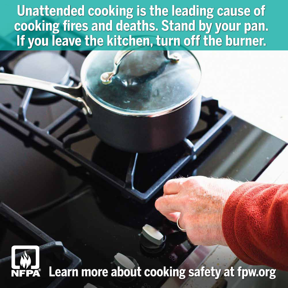 Unattended cooking is the leading cause of cook fires and deaths. Stand by your pan. #firepreventionweek2023