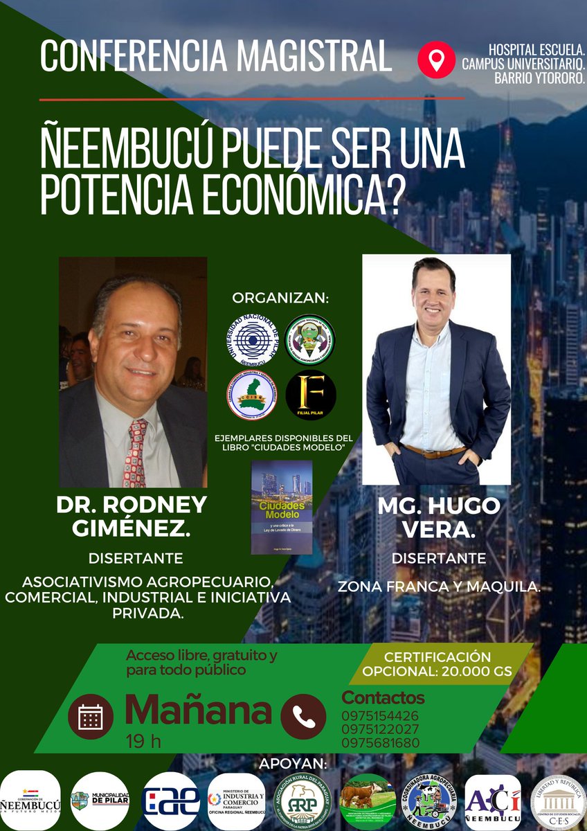 issospilar's tweet photo. 📣🎙Conferencia magistral organizada por la Facultad de Ciencias Agropecuarias, la Cámara de Comercio, Industria y Servicio del Ñeembucú y la Fundacion ISSOS - Filial Pilar presentan:
“Ñeembucú puede ser una potencia económica?”
📆Martes 10 de Octubre
🕖19:00 h
📍Hospital Escuela https://t.co/xo6fLbzwzw