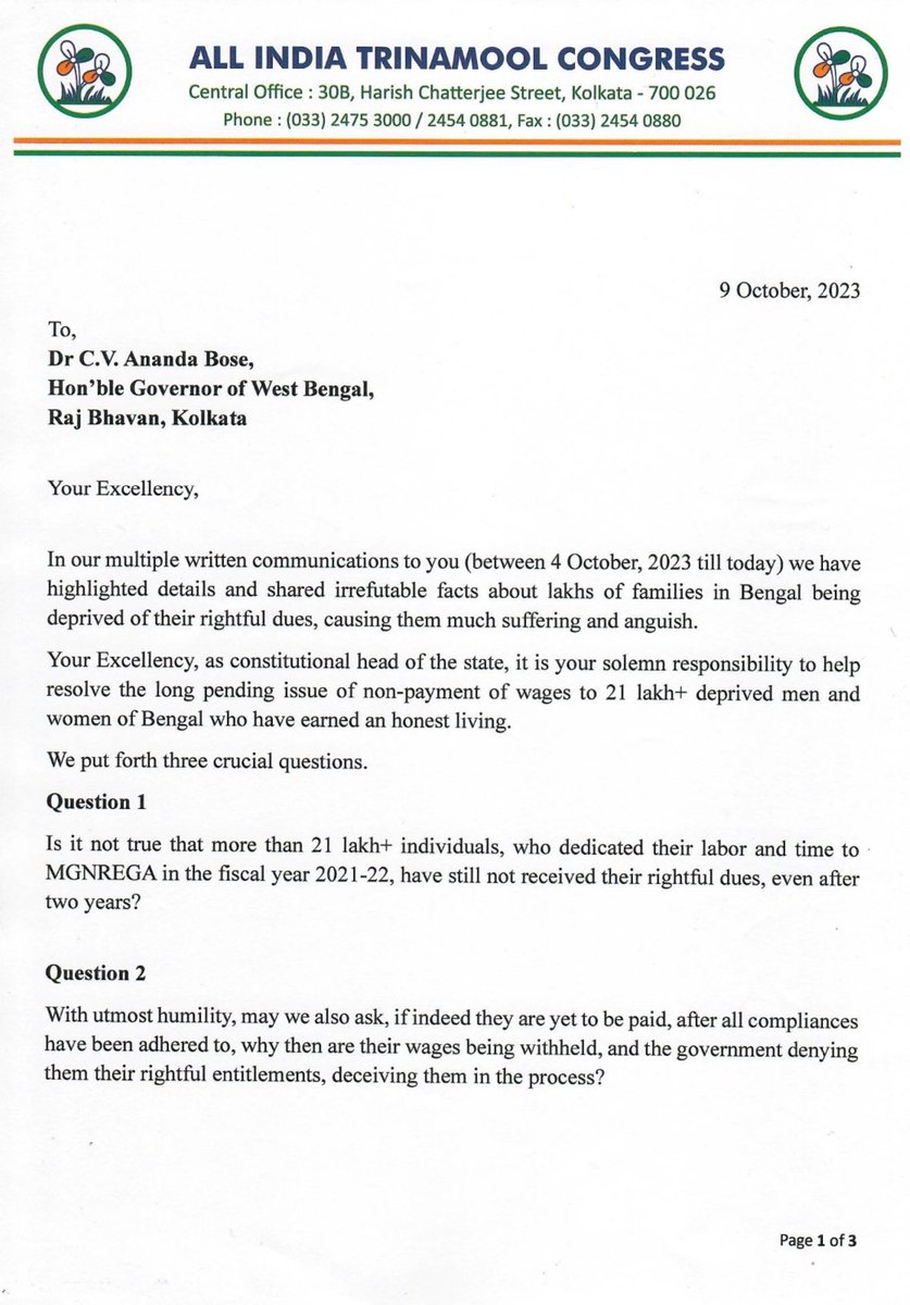 AITCofficial's tweet photo. .@BengalGovernor, after a lot of round trips you finally decided to meet us today. Now, we humbly request you to ANSWER these -

👉Is it not true that 21 lakh+ people who worked under MGNREGS have still not received their dues from last 2 years?
👉Even after adhering to all compliances, why then are their wages being withheld?
👉As per MGNREGA, workers must be paid within 15 days from the date of closure of the muster roll otherwise they are entitled to a compensation for the delay. On what grounds, is the BJP-led Centre depriving them of such dues?

As the Constitutional head of the state, we request you to URGENTLY write to the Union Govt seeking clarity for our questions!