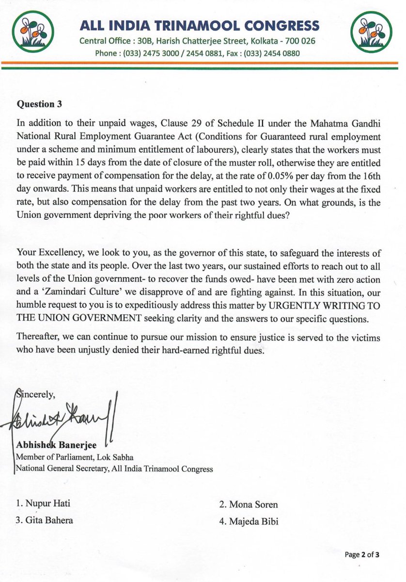 AITCofficial's tweet photo. .@BengalGovernor, after a lot of round trips you finally decided to meet us today. Now, we humbly request you to ANSWER these -

👉Is it not true that 21 lakh+ people who worked under MGNREGS have still not received their dues from last 2 years?
👉Even after adhering to all compliances, why then are their wages being withheld?
👉As per MGNREGA, workers must be paid within 15 days from the date of closure of the muster roll otherwise they are entitled to a compensation for the delay. On what grounds, is the BJP-led Centre depriving them of such dues?

As the Constitutional head of the state, we request you to URGENTLY write to the Union Govt seeking clarity for our questions!