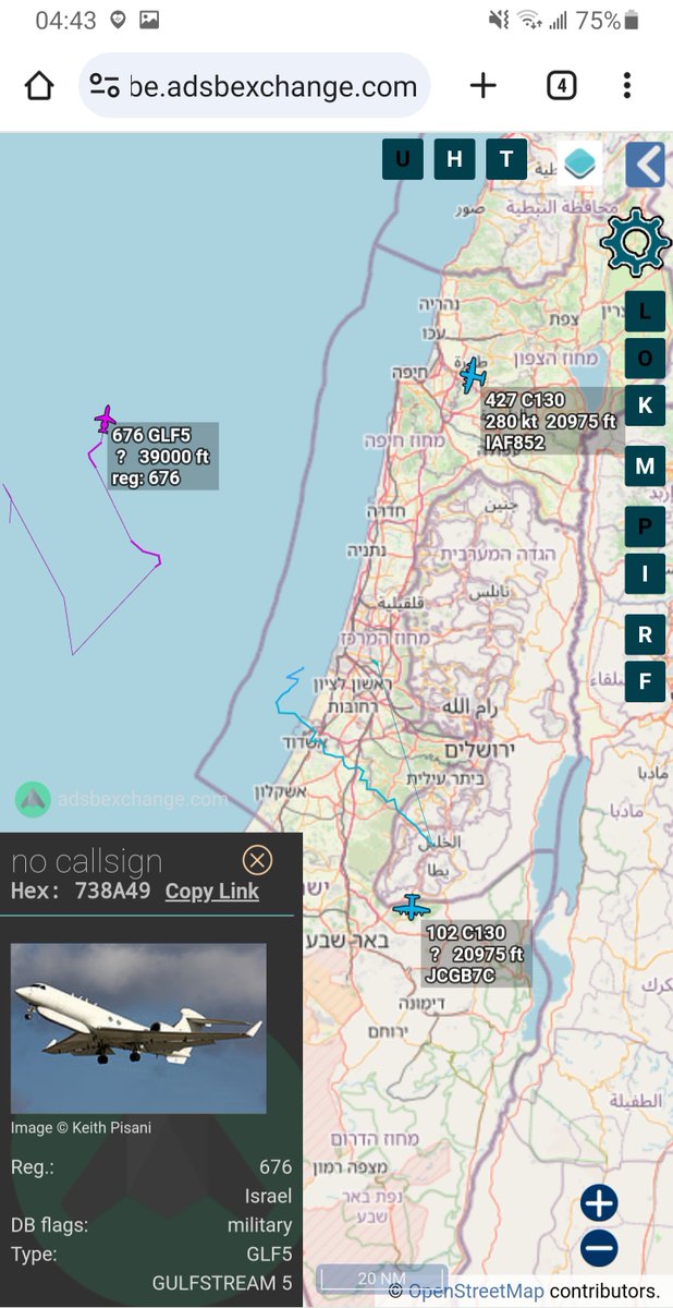 IAF assets visible 1145 UTC: 

GLF5 Nachshon Shavit (ISR) 676 #738A49
C130 427 #738A8E as IAF852
C130 102 #738A81 as JCGB7C