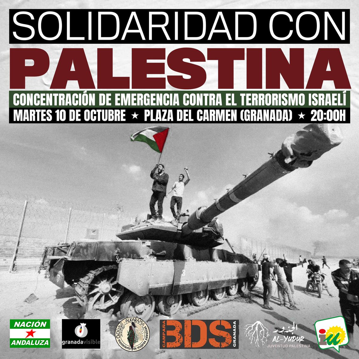 🇵🇸SOS POR PALESTINA🇵🇸
Os convocamos mañana día 10 de octubre a las 20:00h en la Plaza del Carmen para una concentración en solidaridad con palestina. Hacemos un llamamiento a toda la población civil a que acudan con sus banderas, kufiyyas y voces para poner fin a la ocupación.