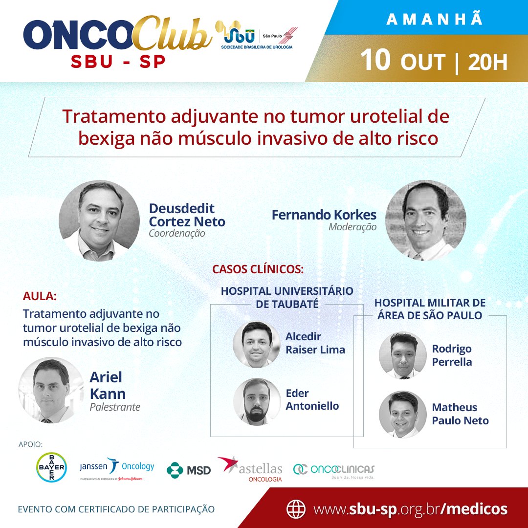 📢 É amanhã! O novo Onco Club vai acontecer no dia 10/10 às 20h. O tema em discussão será “Tratamento adjuvante no tumor urotelial de bexiga não músculo invasivo de alto risco”. 📲 Clique aqui para fazer sua inscrição: 4et.us/s29flo #SBUSP #urologia #ONCOClub