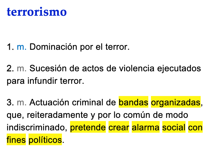 RealRodrigoPolo's tweet photo. Terrorismo: Actuación criminal de bandas organizadas, que, reiteradamente y por lo común de modo indiscriminado, pretende crear alarma social con fines políticos.
https://t.co/70QB99v2yo https://t.co/0pklrB5tQ0