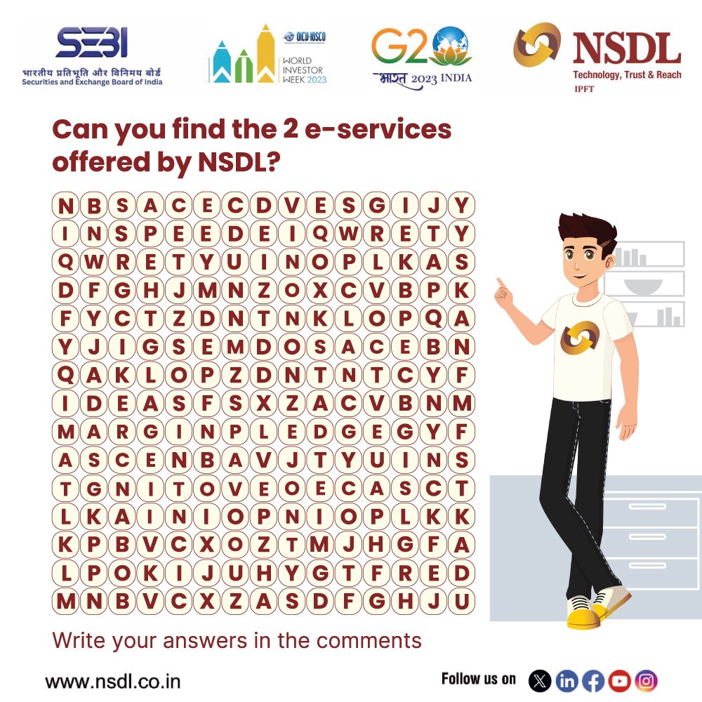 NSDL_Depository's tweet photo. 🎉 #Contest alert - Crack clues, conquer the grid, and get a chance to win a Rs 500 Amazon voucher every day! 🎁

𝗛𝗲𝗿𝗲'𝘀 𝗵𝗼𝘄 𝘁𝗼 𝗲𝗻𝘁𝗲𝗿:
1. Like this tweet, follow us, and re-share it, tagging us.
2. Crack the grid correctly and mention it in the comments.
3. Tag 4 or more friends in the comments & ask them to follow NSDL on all social media platforms.

𝗠𝗮𝗸𝗲 𝘀𝘂𝗿𝗲 𝘆𝗼𝘂’𝗿𝗲 𝗳𝗼𝗹𝗹𝗼𝘄𝗶𝗻𝗴 𝗡𝗦𝗗𝗟 𝗼𝗻:
1. Facebook: https://t.co/64YmX5Qnm9

2. LinkedIn: https://t.co/OGUwHlmikb

3. Instagram: https://t.co/egZph80EWY

4. Twitter: https://t.co/9bDT8LEGP1

5. YouTube: https://t.co/W7AB7Bt9yt

Don't forget, our Investor Awareness Crossword Contest is happening across LinkedIn, Facebook, Instagram, and Twitter! Each platform offers a unique chance to win an Amazon voucher worth Rs 500/-. Participate now and stand a chance to win big! 🎉

T&C Apply* Management's decision is binding on all.

#Giveaway #GiveawayIndia #ContestAlert #Contest #AmazonGiftCard #LuckyDraw #NSDL #SecuritiesMarket #ResponsibleInvesting #DematAccount #Awareness #Depository #Investors #CapitalMarket #Investment #Finance #FinancialFreedom #Demat #PrudentInvestor #crossword #crosswordpuzzle #crosswords #ContestAlertIndia #ContestGiveaway #LinkedIn #Instagram #Amazon #Facebook