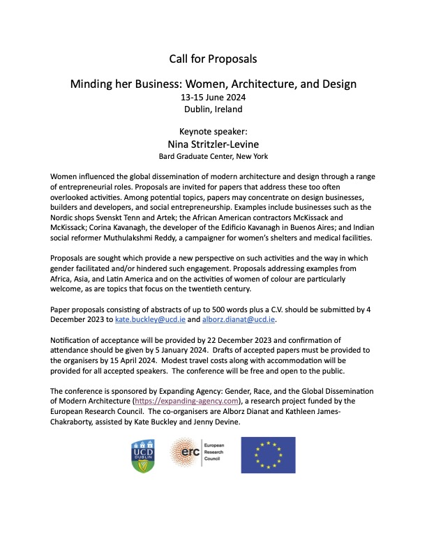 CFP: 'Minding her Business: Women, Architecture, and Design' @ExpandingAgency Conference, June 2024. Proposals deadline: 4 Dec 2023. #modernarchitecture #women #design