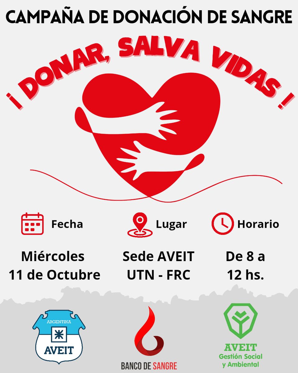 CAMPAÑA DE DONACION DE SANGRE 💉🩸

🗓 Cuando: Miércoles 11 de octubre
📍Donde: Sede AVEIT - UTN FRC
🕗 Horario: 8 a 12hs

Reserva tu turno ingresando al formulario y lee los requisitos a tener en cuenta. ‼️

bit.ly/DonacionDeSang…

GSA - AVEIT 🌳💚☀️