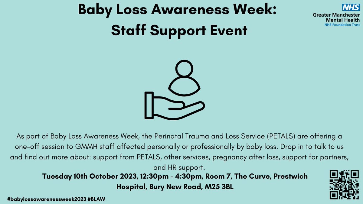Greater Manchester Mental Health (@gmmh_nhs) on Twitter photo As part of #BabyLossAwarenessWeek2023, the Perinatal Trauma and Loss Service (PETALS) team are offering a one-off session to GMMH staff affected personally or professionally by baby loss on Tuesday 10 October at The Curve in Prestwich, from 12:30pm – 4:30pm. As part of #BabyLossAwarenessWeek2023, the Perinatal Trauma and Loss Service (PETALS) team are offering a one-off session to GMMH staff affected personally or professionally by baby loss on Tuesday 10 October at The Curve in Prestwich, from 12:30pm – 4:30pm.