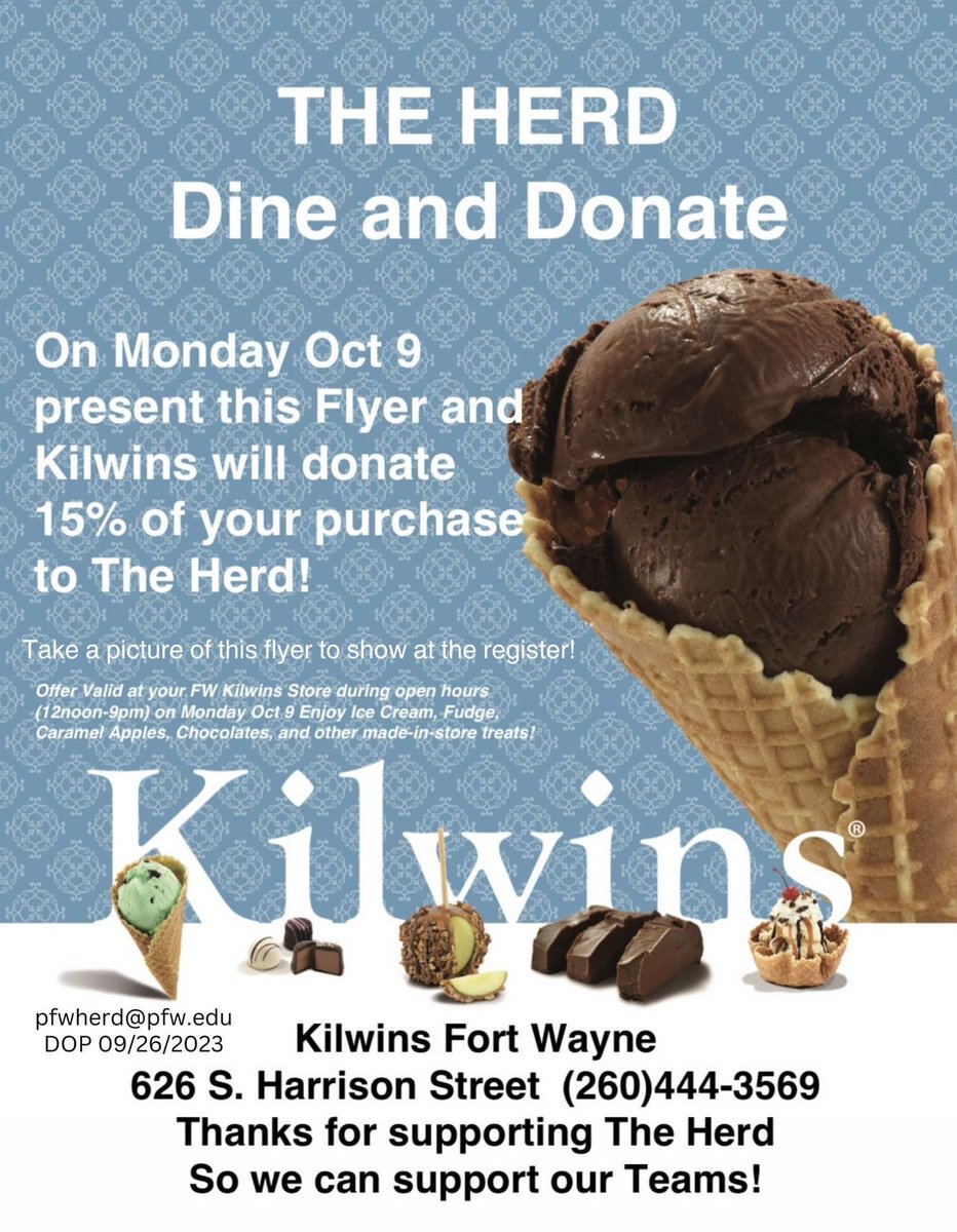 PFWTheHerd's tweet photo. TODAY!

Come out to Kilwins from 12-9PM and show this flyer to participate in our Dine and Donate!

@GoMastodons @CoachMarchesano @coachcoffman @purduefw https://t.co/PmFuq5OF5W