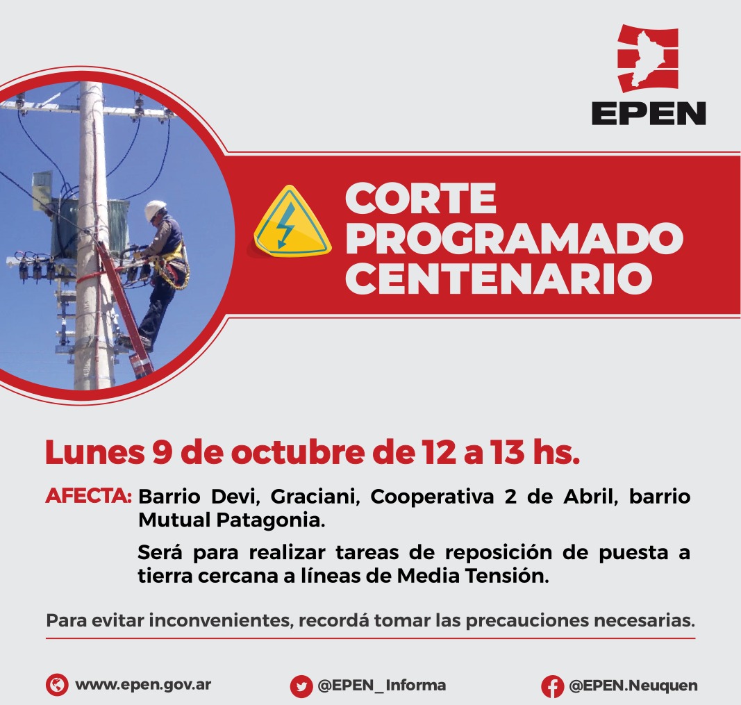 EPEN_Informa's tweet photo. |Corte Programado| #Centenario
🗓 Lunes 9/10 de 12 a 13 hs.
⚡️Vinculación en Media Tensión
📍Consulta los sectores afectados en nuestra web👇 https://t.co/eL5a2xAAGF
#SeguridadPública https://t.co/opXpjcMSCg