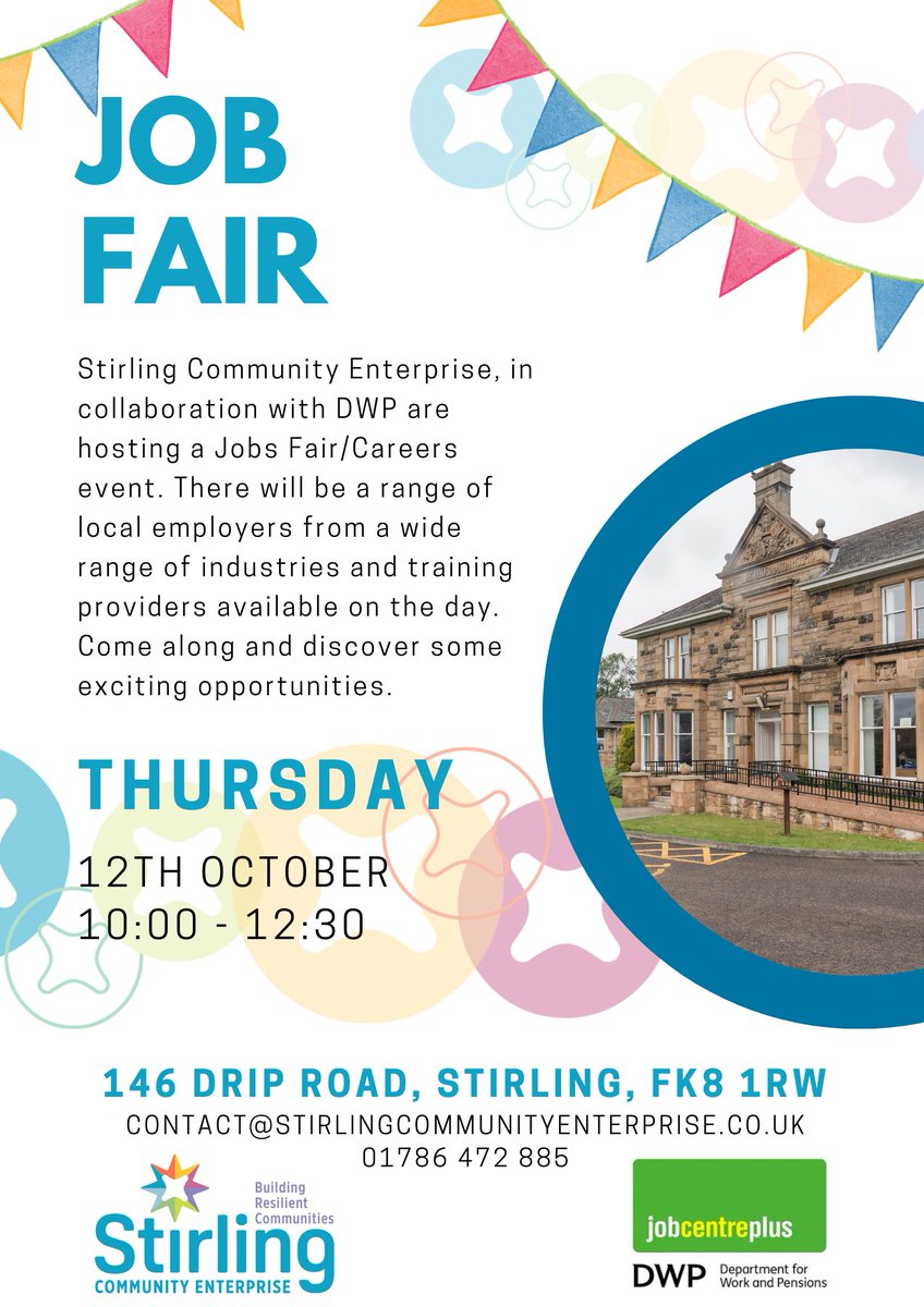 stirlingCE's tweet photo. Come along and discover the exciting opportunities at the Kildean Job Fair in collaboration with the DWP this Thursday!
@JCPinScotland
#stirling
#challengepoverty
#jobfair
#Resiliance
#Resiliantcommunities https://t.co/QLCqcVU5v3