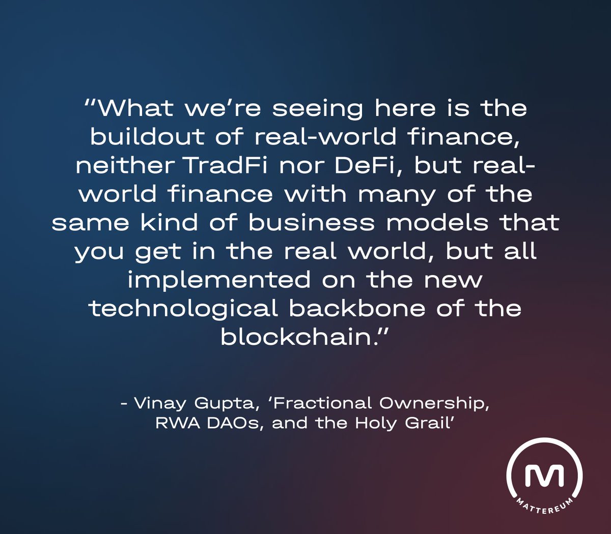 mattereum's tweet image. From the Medium Article: 'Fractional Ownership, RWA DAOs, and the Holy Grail' by CEO @leashless

medium.com/humanizing-the… 

#rwa #daos #fractionalization #blockchain