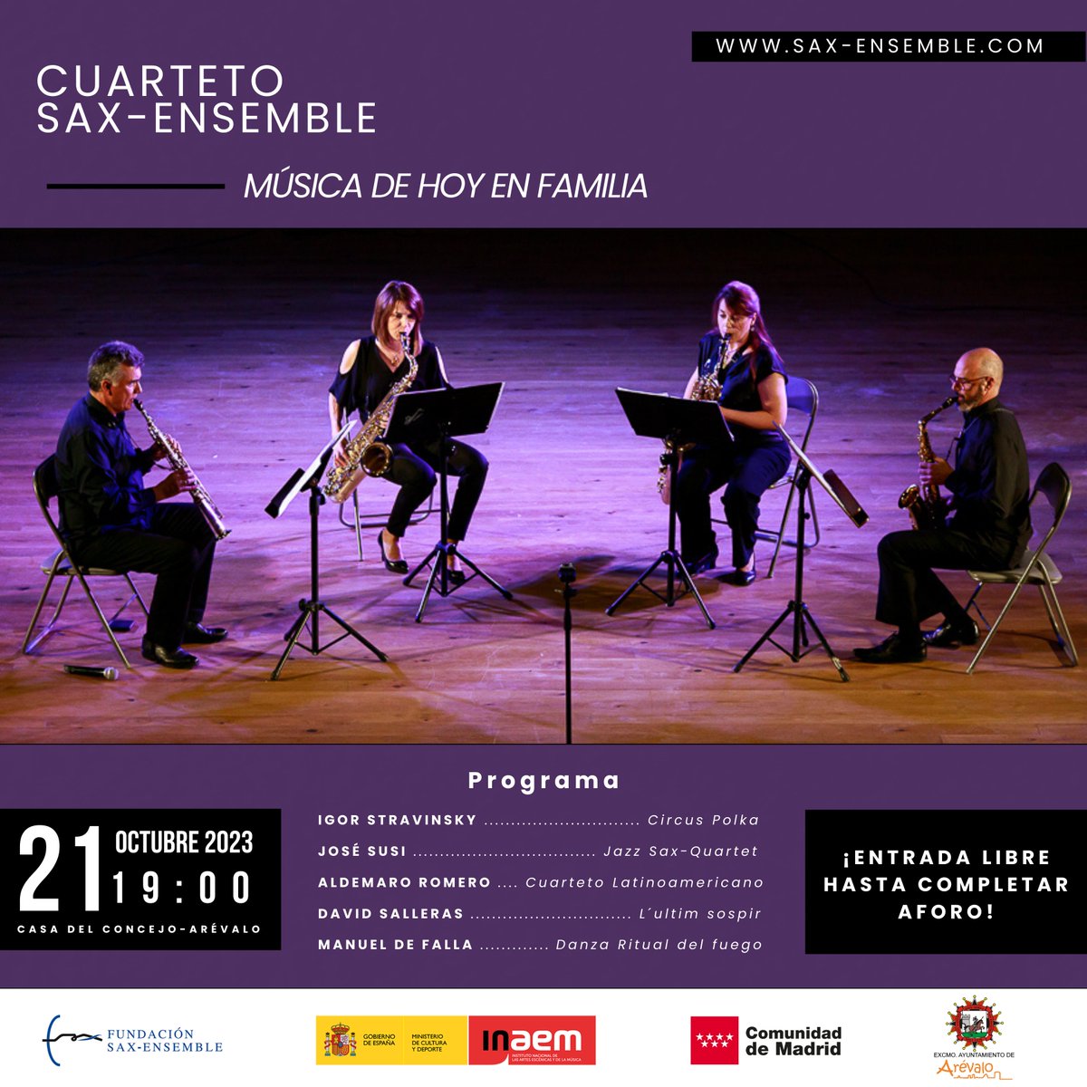 saxensemble's tweet photo. ¡Retomamos la actividad del cuarteto Sax-Ensemble en Ávila, esta vez en Arévalo! 🎷🎶

📅 Fecha: 21 de octubre 
🕖 Hora: 19:00 
📌 Lugar: Casa del Concejo (Arévalo).

¡Les esperamos!

Más información en https://t.co/Cwzs4mNcwE

#ConciertoArévalo #SaxEnsemble 🎉🎵 https://t.co/Sv0kaibjri