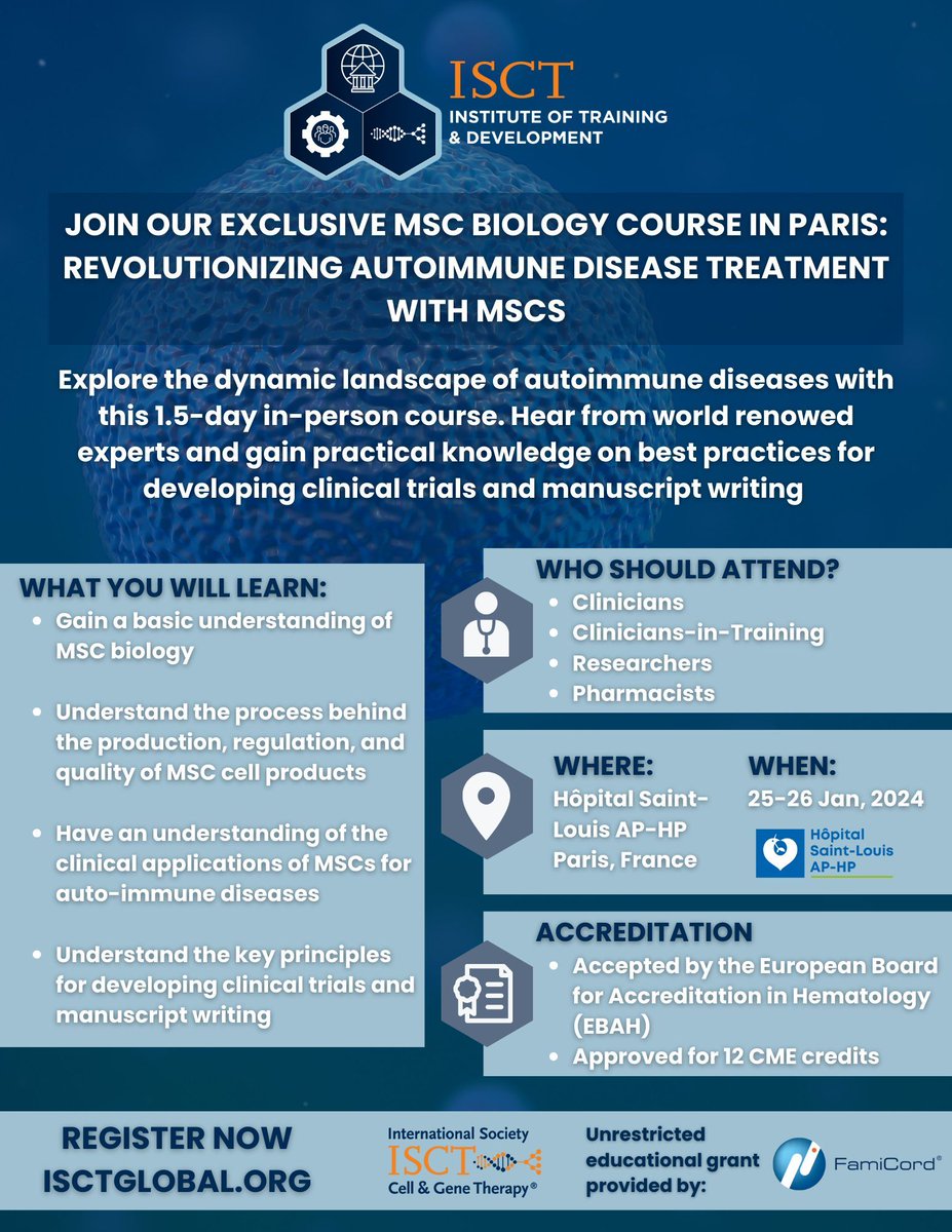 ISCT (@isctglobal) on Twitter photo ISCT is excited to launch a new and exclusive training course “The Use of Cell Therapies for Autoimmune Diseases: MSCs from Biology to Clinical Application”
Don’t miss out! Join us in Paris this January!
Learn more and register now:
buff.ly/3rGrNwl ISCT is excited to launch a new and exclusive training course “The Use of Cell Therapies for Autoimmune Diseases: MSCs from Biology to Clinical Application”
Don’t miss out! Join us in Paris this January!
Learn more and register now:
buff.ly/3rGrNwl