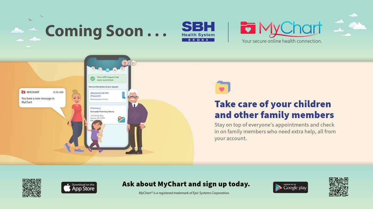 #DYK? MyChart is coming soon to SBH Health System!

It can help you care for your children's and other family members' health. You will be able to stay on top of everyone's appointments and check in on family members who need extra help, all from your account.