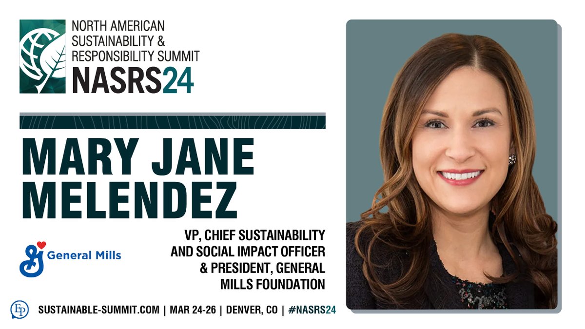 EP_NASRS's tweet image. 💬 We're thrilled to announce that Mary Jane Melendez, VP, Chief Sustainability and Social Impact Officer &amp;amp; President, General Mills Foundation at @GeneralMills, will be joining us for an engaging case study at #NASRS24!

Learn more ➡️ sustainable-summit.com