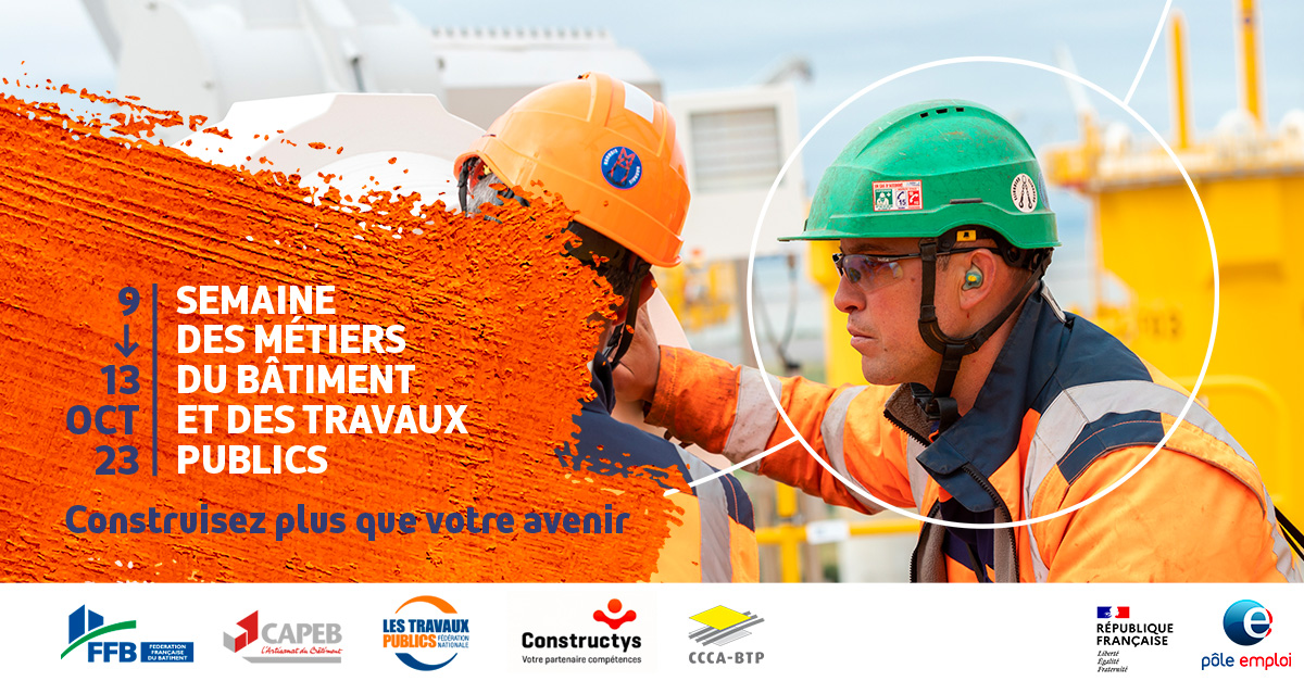 Constructys_'s tweet photo. #emploi #BTP
📣 C’est parti pour la #SemainedesmetiersduBTP organisée par @pole_emploi !
Ateliers, visites, sessions de recrutement… Du 9 au 13 octobre, découvrez les métiers qui recrutent dans votre région.
Tous les événements 👉 https://t.co/5p0yuYaoxd https://t.co/ZiyOiP3jEQ