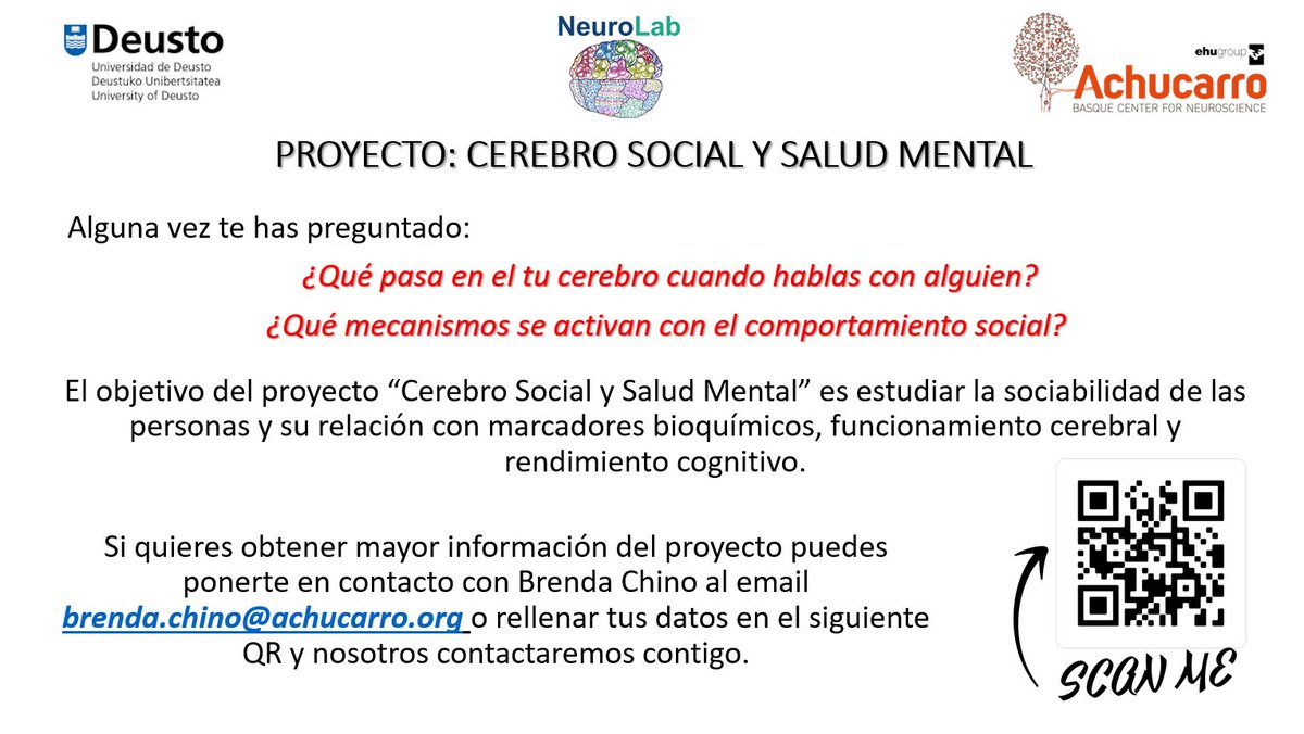 ¿Alguna vez te has preguntado qué pasa en el tu cerebro cuando hablas o interactúas con alguien? 

Si es así, anímate a participar en un estudio de la Universidad de Deusto y el Achucarro Basque Center for Neuroscience a través de este formulario: forms.gle/SybkxNKgbC2uhq…
