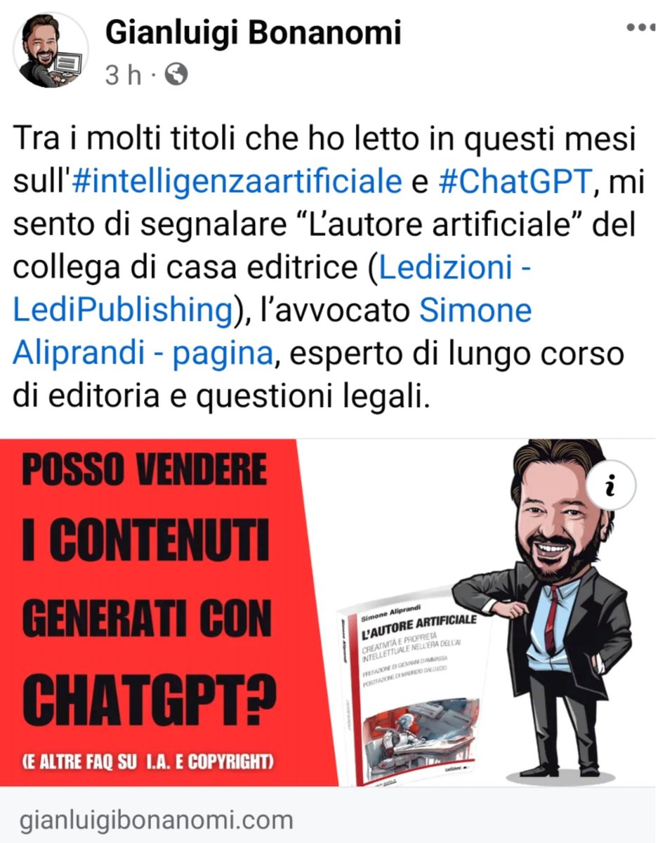 Ringrazio sentitamente <a href="/GBonanomi/">Gianluigi Bonanomi</a> per il post dedicato al mio libro "L'autore artificiale" e <a href="/Ledizioni/">Ledizioni</a>  per aver fatto da trait d'union. Leggilo qui 👉 gianluigibonanomi.com/intelligenza-a… -- #intelligenzaartificiale #ArtificialIntelligence #copyright #dirittodautore #ai #ia #chatgpt