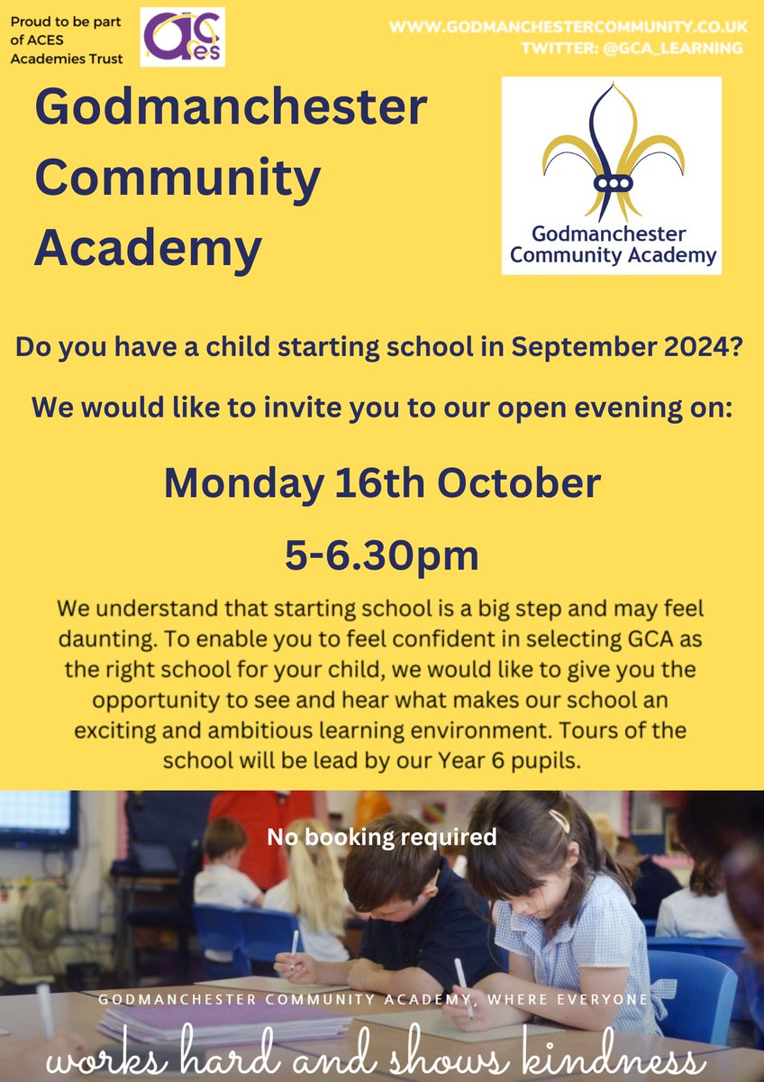 GCA_learning's tweet photo. A reminder that we are hosting our New Intake Open Evening a week today on Monday 16th October. If you live in Godmanchester, Huntingdon or surrounding villages and have a child starting school next year, please come and visit our fantastic school to hear what we have to offer. https://t.co/y2QgWgEUXP