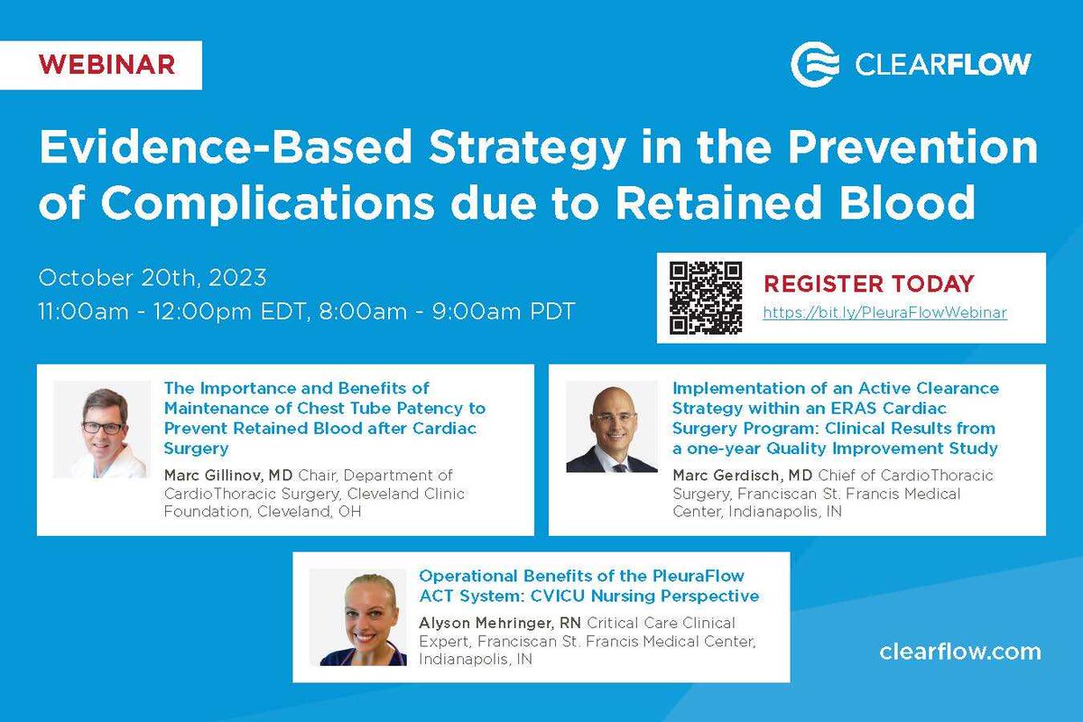 Retained Blood Complications after Cardiac Surgery: What you need to know.
Join 𝗗𝗿. 𝗠𝗮𝗿𝗰 𝗚𝗶𝗹𝗹𝗶𝗻𝗼𝘃 and 𝗗𝗿. 𝗠𝗮𝗿𝗰 𝗚𝗲𝗿𝗱𝗶𝘀𝗰𝗵 for a webinar on October 20th, to learn about evidence-based strategies for preventing them.

Register now: bit.ly/PleuraFlowWebi…