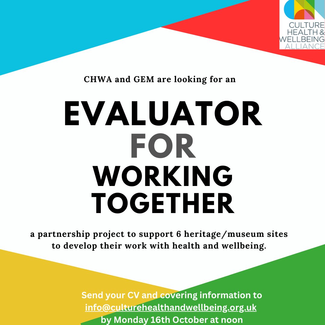 CHWA have partnered with @gem_heritage to create the Working Together Programme to develop sustainable approaches to health & wellbeing in museums. We're looking for an Evaluator to help us bring this project together. For more info click here: tinyurl.com/ajbza5he