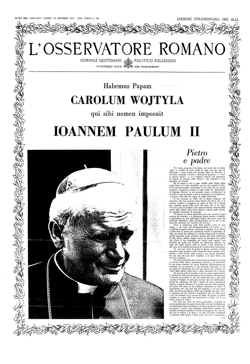 #archivioOR
La #PrimaPagina dell' @oss_romano del #16ottobre 1978.
Elezione di Giovanni Paolo II.