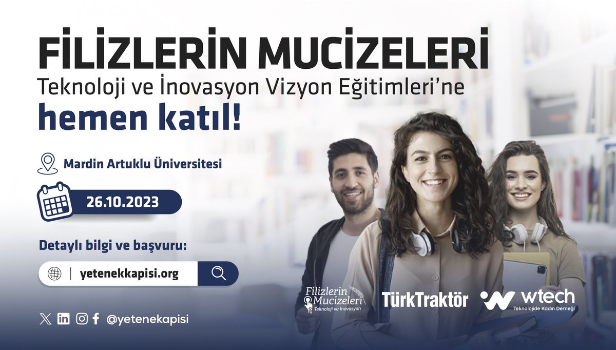 TürkTraktör ve Teknolojide Kadın Derneği 26 Ekim'de Mardin'de!

Mentörlük alabileceğin, sertifika ve staj hakkı kazanabileceğin eğitim programı için başvuruları kaçırma.

@tccbiko <a href="/TurkTraktorAS/">TürkTraktör</a> <a href="/wtechturkey/">Wtech Turkey</a>

🗓 Son Başvuru Tarihi: 24 Ekim 2023
🔗 yetenekkapisi.org