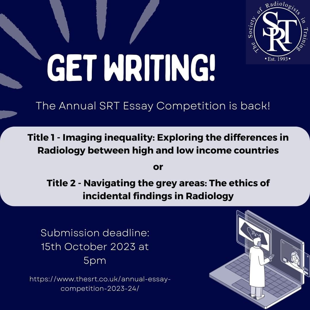 Our Annual SRT Essay Competition is open to submissions! 📝🤓

Submit your essay for a chance to win FREE entry to the SRT Annual Conference 2024 and a certificate (for up to 6 points on your ST1 application portfolio)! 🏆

Link to submission form:  tinyurl.com/Essay-competit…