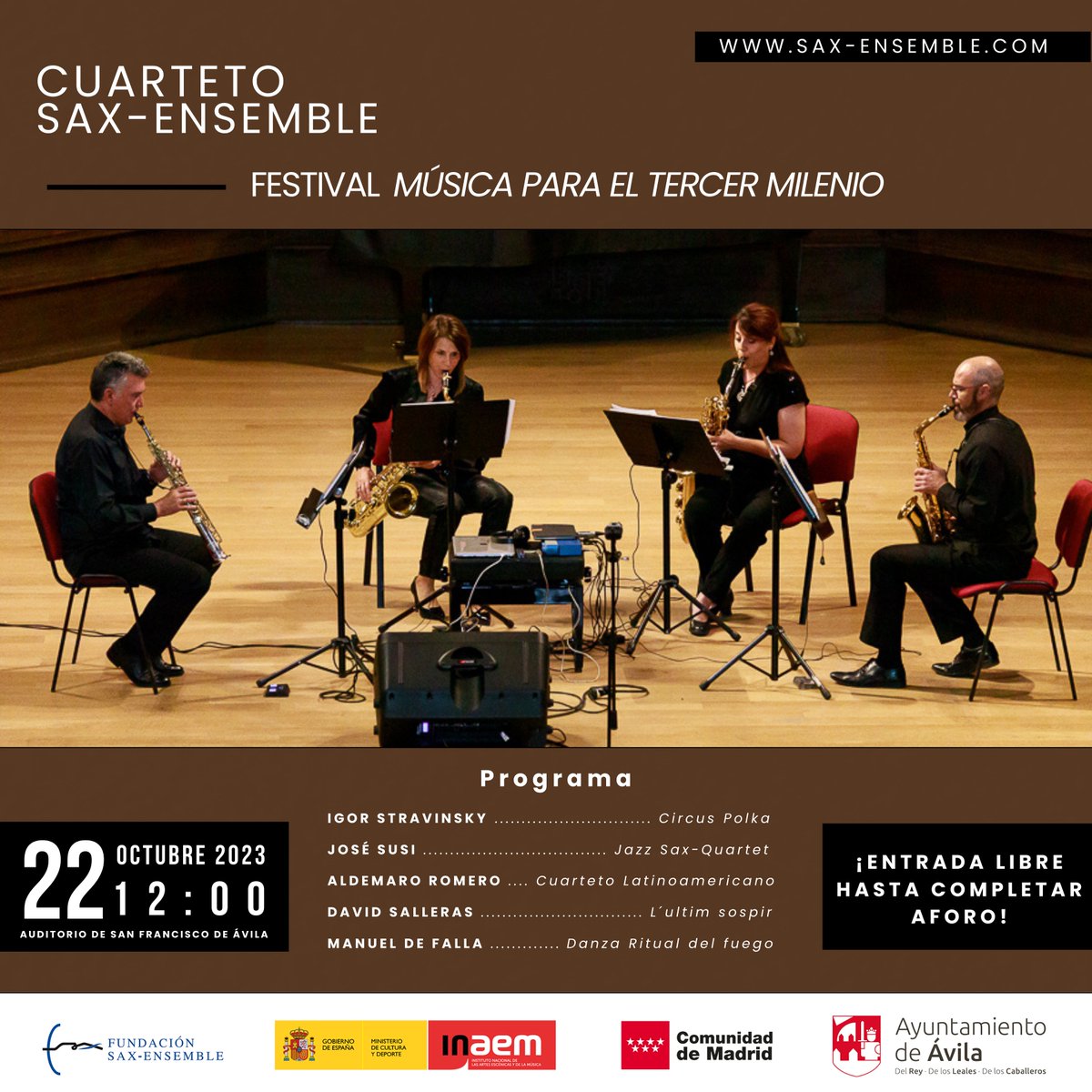 saxensemble's tweet photo. ¡La música del cuarteto Sax-Ensemble sigue sonando en Ávila! 🎷🎶

📅 22 de octubre 
⏰12:00 
🏛 Auditorio San Francisco (Ávila)

No se pierdan este concierto enmarcado en el festival "Música para el tercer milenio".

Más info: https://t.co/Cwzs4mNcwE 

 #SaxEnsemble #Ávila https://t.co/XcdrjMd6GL