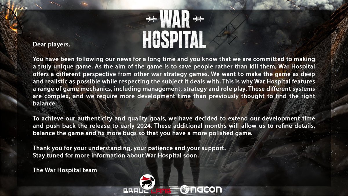 Dear players, we took the decision to postpone the release of #WarHospital. Read more 👇