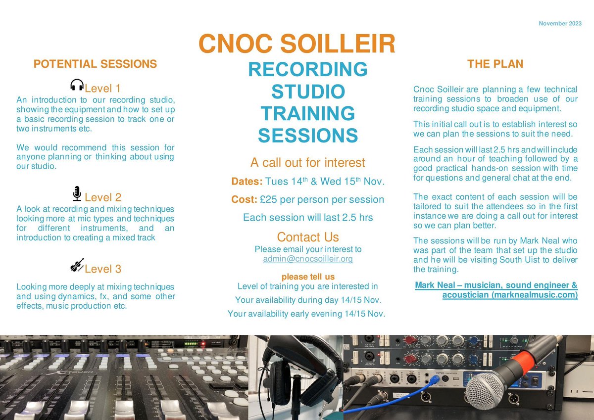 Cnoc Soilleir is offering you a great opportunity to access Recording Studio training next month. If you are interested please let us know on admin@cnocsoilleir.org so that we can plan each training session to suit demand. @UHI_NWH @ceolas_uibhist #Daliburgh #MarkNealMusic