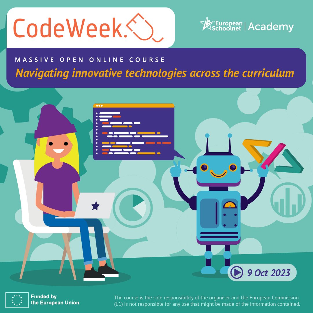 K_Lymperopoulou's tweet photo. Participating in the online #CodeWeekNavigatingTech MOOC. - "Navigating Innovative Technologies Across the Curriculum", to learn more about coding & computational thinking, virtual and augmented reality in arts, STEM, & beyond. @eu_schoolnet @eucodeweek #EUCodeweek2023 https://t.co/3l9GjZtdz6