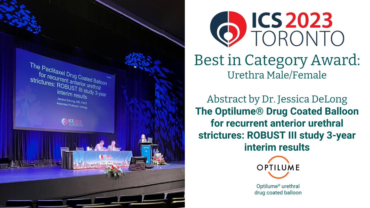 Thrilled to announce @JessicaDeLong, MD, FACS’s abstract reporting 3-year interim results for the #Optilume ROBUST III RCT was selected by the #ICS2023 Scientific Committee for Best in Category Prize: Urethra Male/Female. #ForDignitiyForLife #Urology #UrethralStricture #Laborie