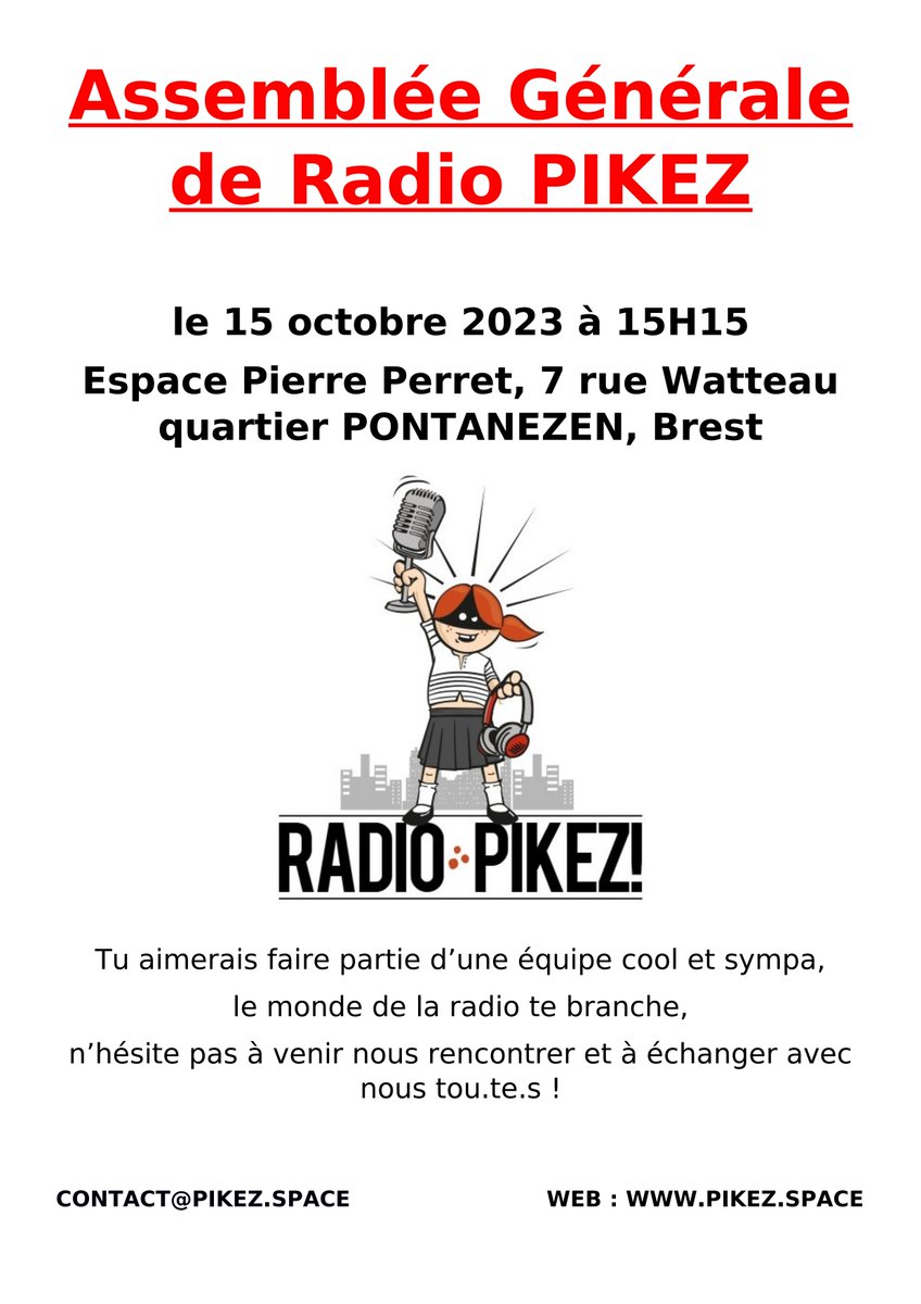 Salut ! Radio Pikez, ça te parle ?

Alors viens avec tes idées, tes envies, tes propositions ou juste toi, le dimanche 15 octobre à 15h15 à l'Espace Pierre Perret, 7 rue Watteau, à Brest-même, pour une AG qui brasse les énergies et propose un goûter.