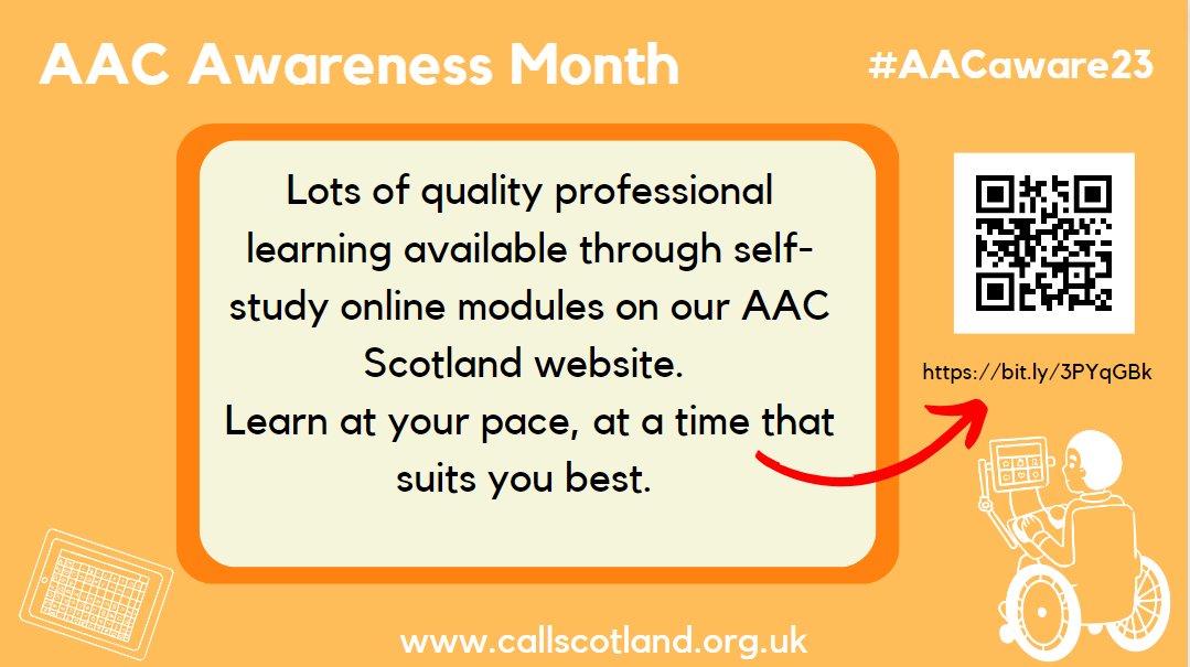 October is AAC Awareness month!

Did you know we have FREE short accessible modules available on our AAC Scotland website?

The first series is an intro to AAC while the second is based on AAC in Education.  

Also here you will find two further modules on AAC Assessment.