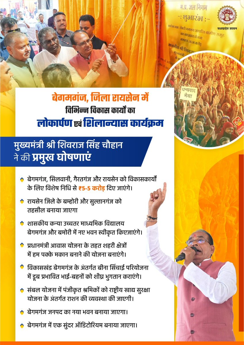 बेगमगंज, जिला रायसेन में विभिन्न विकासकार्यों के लोकार्पण एवं शिलान्यास कार्यक्रम।

मुख्यमंत्री श्री <a href="/ChouhanShivraj/">Shivraj Singh Chouhan</a> ने की महत्वपूर्ण घोषणाएं।