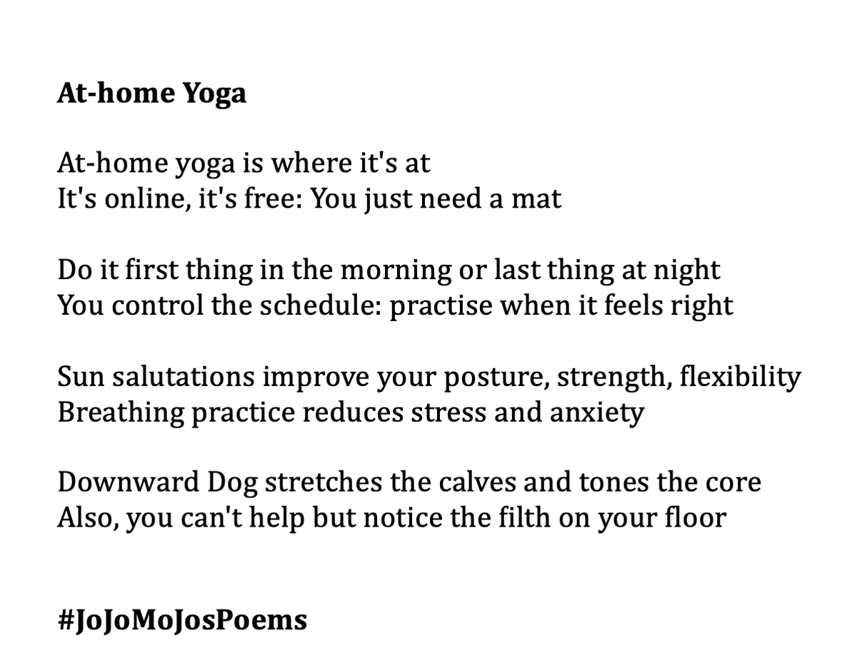 Love me a bit of yoga. Don't love cleaning so much. 🤣 #athomeyoga #yoga #onlineyoga #jojomojospoems #poetry #poem #poems #poetryoftwitter #poetsoftwitter #yogisoftwitter #yogapractice #poemsaboutyoga #poetryaboutyoga