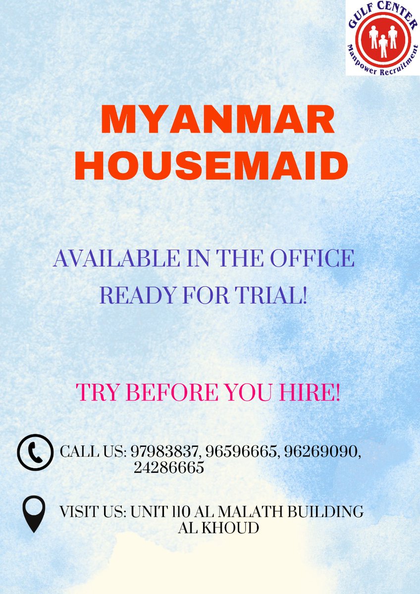 ManpowerGulf's tweet photo. Experience the Power and advantage of Readily Available Myanmar housemaid: 5-Day Trial to unlock your 2 years decision and Boundless Opportunities!
Book Yours now!
For inquiries contact us at
96596665, 96269090, 99361819, 97983837, 
#myanmarhousemaid #muscatdaily #muscatmaids https://t.co/9bGSYU4UKY