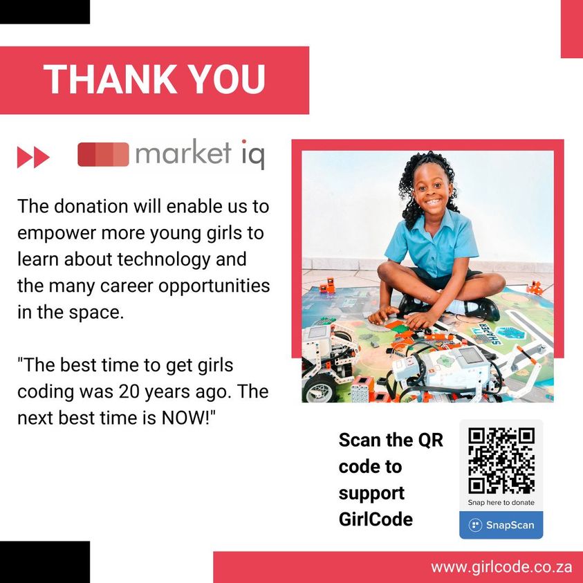 GirlCode_za's tweet image. The best way to start a week is with a thank you post. Thank you to Market IQ for their generous donation. #Girlcoders #Womenempowerment #Codingforfree