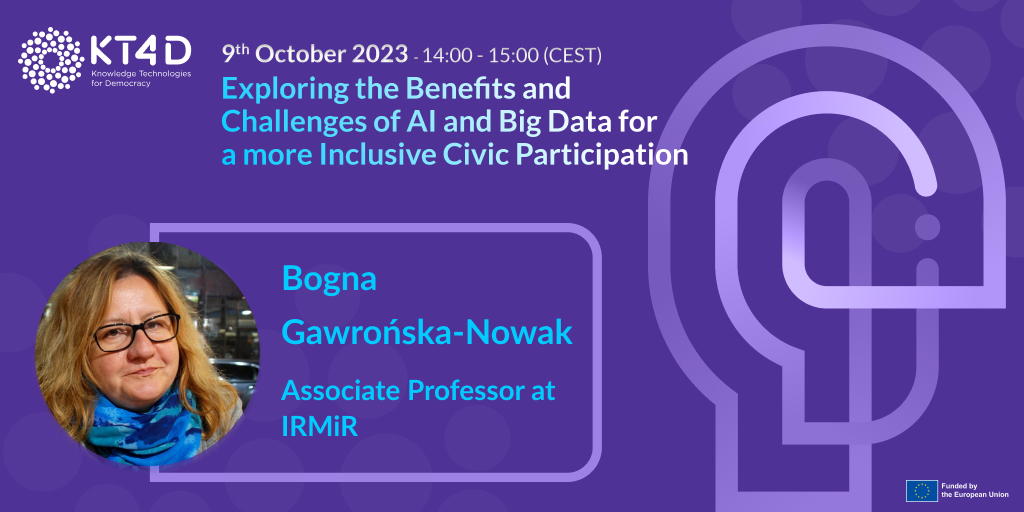 🎙️ Webinar 9th October Speaker Announcement ⚡️Prof Bogna Gawrońska-Nowak from @InstytutRozwoju will discuss the #KT4D Use Case which focuses on Capacity Building Services for #Citizens and #CivilSociety Organisations 🔗Register for free now: tinyurl.com/4mr7t4k2 #ai…