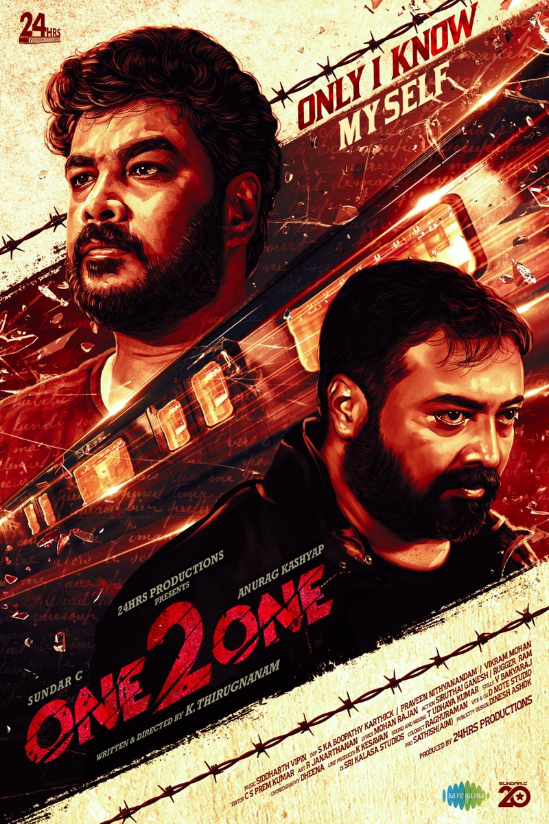 Here it's the first look poster of #SundarC and @anuragkashyap72 's next titled as #𝐎𝐧𝐞𝟐𝐎𝐧𝐞 

Written and Directed by #KThirugnanam

@24hrsproductio4 @nituchandra @raginidwivedi24 @actorvijayvarm1 @sidvipin 
@ECspremkumar @dob_praveen25 #skaboopathy #vikrammohan