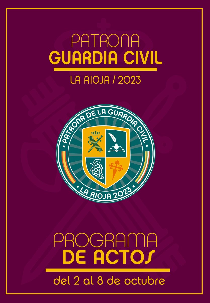 guardiacivil's tweet photo. #PatronaGC2023  | 🗓️3 octubre 📍La Rioja

ℹ️ Eventos:

➡️Talleres escolares
🕘09:30 a 13:30

➡️Exhibición Guardia Civil
🕘17:00 a 19:00

➡️Jornada 50 aniversario SEDEX y SAER
🕘17:00 a 19:30

➡️Cine Fórum
🕘17:00 a 20:00

🔗https://t.co/kzOGQacz4T https://t.co/nn7hXhB3yR