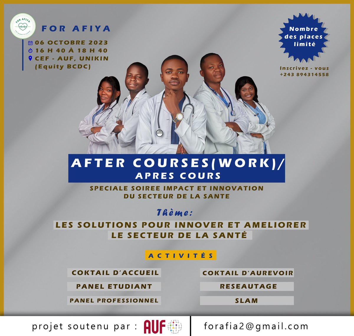 Inscrivez-vous très rapidement au +243 (0) 894314558. Nombre de places très limité ! 

C'est parti.

@acprdc_Officiel  <a href="/Aarwam/">Ⓜ️wan🅰️ Kong🅾️🇨🇩</a> <a href="/BakatCharly/">La Pulchra💜</a>  <a href="/Yvez/">Yvez</a>  <a href="/FirminMbenza1/">Firmin Mbenza🇨🇩📚✌️💪</a> <a href="/chauffeur243/">CHAUFFEUR Tout-Kin</a> @CongoVrai <a href="/EBotendja/">Esaie BOTENDJA</a> <a href="/MTamfum/">Muyembe Tamfum</a> <a href="/MinSanteRDC/">Ministère de la Santé RDC</a> <a href="/auf_org/">AUF</a> @TEDx_UNIKIN <a href="/SavoirDuMonde/">Savoir du Monde 🌍</a>