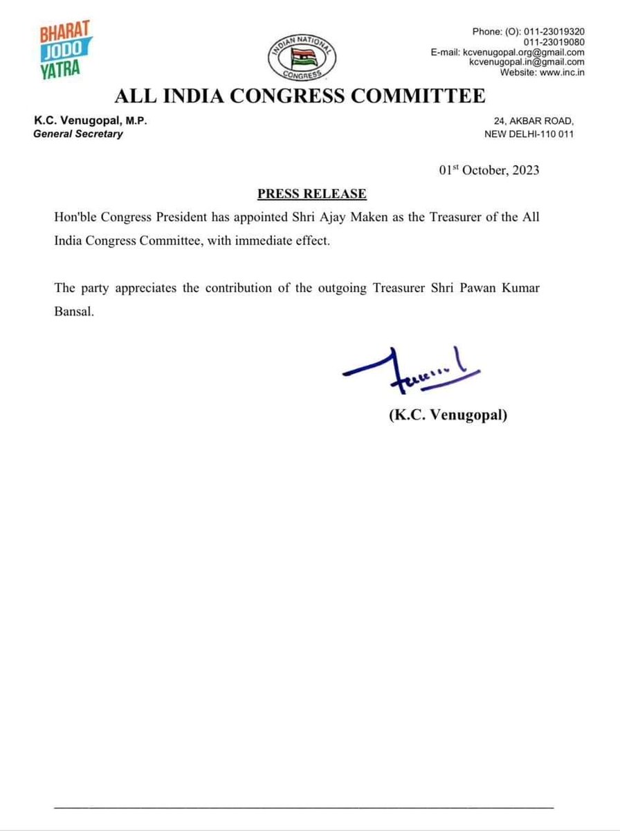 Congratulations Sir for being appointed as Treasurer of AICC ,<a href="/ajaymaken/">Ajay Maken</a>