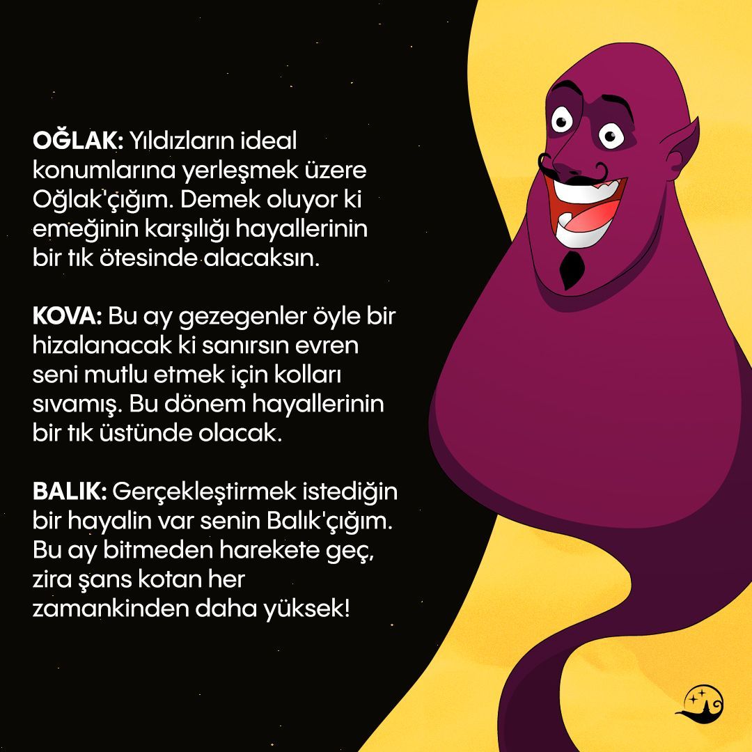 🧞‍♂️Lamba Cini ekim rüzgarlarıyla güzel haberler estirmeye geldi. Senin için neler söylemiş? 🌟 Yorumlarda paylaş!

🧞‍♂️The Genie has come to whisper good news with the winds of October. What did it say for you? 🌟 Share in the comments! 

#faladdin #faladdinbilir #ekim #burçyorumu