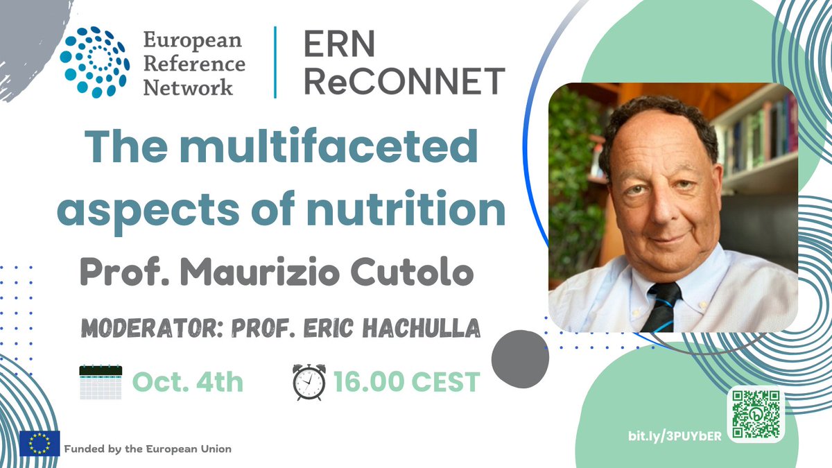 🤩<a href="/ern_reconnet/">ERN ReCONNET 🇪🇺</a> is proud to share its new n exciting #webinar on nutrition
 👨‍⚕️Special guest n speaker will be Prof. Cutolo, moderated by Prof. Hachulla 
🗓️Wend. Oct. 4th, 16.00 CEST 
🎯Transversal: focused on #ERNReCONNET patients
Registration is open👉bit.ly/3PUYbER