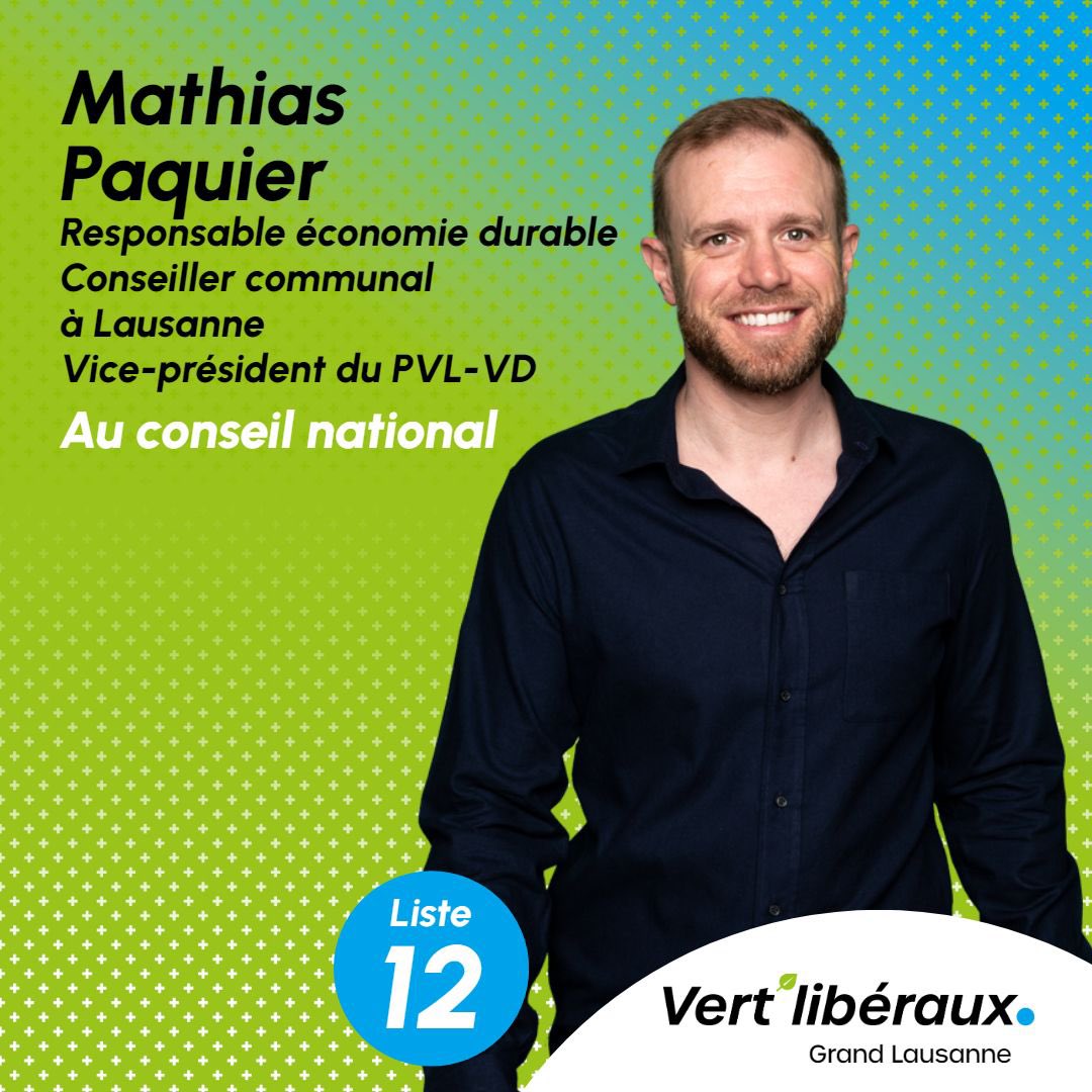 On vous présente nos candidat-e-s! @mathias_paquier, candidat numéro 12 sur la liste 12 des <a href="/Vertliberaux_VD/">Vert'libéraux vaudois</a>. Mathias est responsable économie durable, Conseiller communal à Lausanne et Vice-président des Vert’libéraux VD. Il se réjouit de votre soutien. #EF2023
